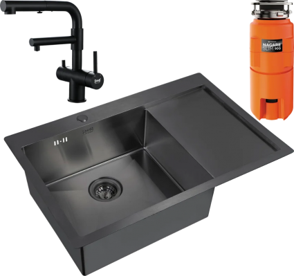 Комплект Мойка Zorg Inox PVD 7851 L grafit + Смеситель Sanitary SZR-3216 Grafit графит + Измельчитель Omoikiri Nagare slim 900