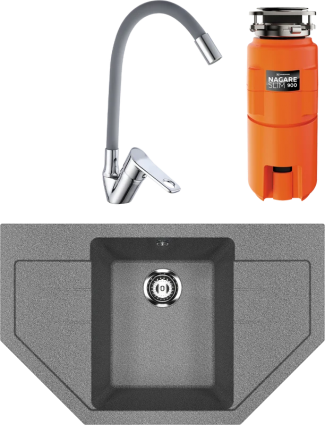 Комплект Мойка Ulgran U-609 -309 темно-серая + Смеситель РМС SL137GY 016F хром, серый, с гибким изливом + Измельчитель Omoikiri Nagare slim 900