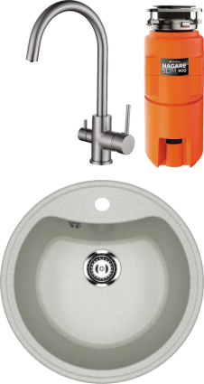 Комплект Мойка Ulgran U-601 -310 серая + Смеситель Kaiser Merkur 26744-5 серебро + Измельчитель Omoikiri Nagare slim 900
