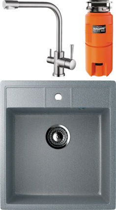 Комплект Мойка Ulgran U-406 -309 темно-серая + Смеситель Kaiser Merkur 26044-5 серебро + Измельчитель Omoikiri Nagare slim 900