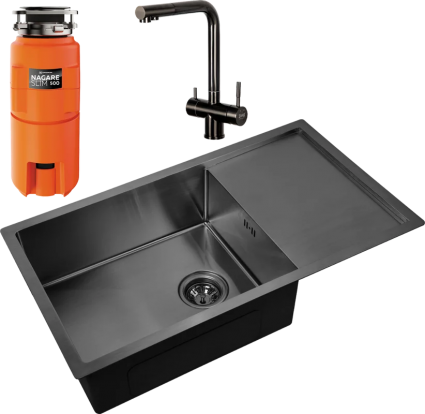 Комплект Мойка Zorg Inox PVD 7844 grafit + Смеситель Inox SZR-7039 GRAFIT графит + Измельчитель Omoikiri Nagare slim 500