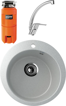 Комплект Мойка Ulgran U-405 -310 серая + Смеситель MEGA Mega MG-BMK016 хром + Измельчитель Omoikiri Nagare slim 500