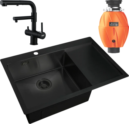 Комплект Мойка Zorg Light R 780510-L Grafit + Смеситель Sanitary SZR-3216 Grafit графит + Измельчитель Omoikiri Nagare 500