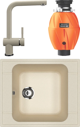 Комплект Мойка Ulgran U-604 -328 бежевая + Смеситель U-022 бежевый + Измельчитель Omoikiri Nagare 500