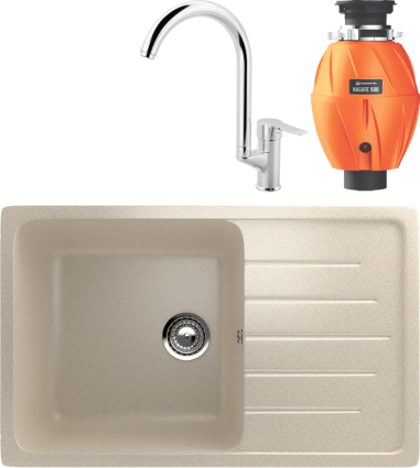 Комплект Мойка Ulgran U-400 -328 бежевая + Смеситель MEGA Snow MG-SH03 хром + Измельчитель Omoikiri Nagare 500