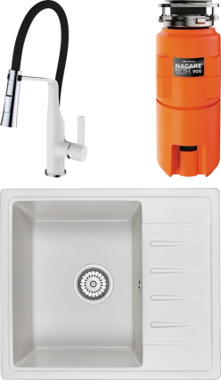 Комплект Мойка Granula Standart 5803, белый + Смеситель Clever Chef 99733 белый, с гибким изливом + Измельчитель Omoikiri Nagare slim 900