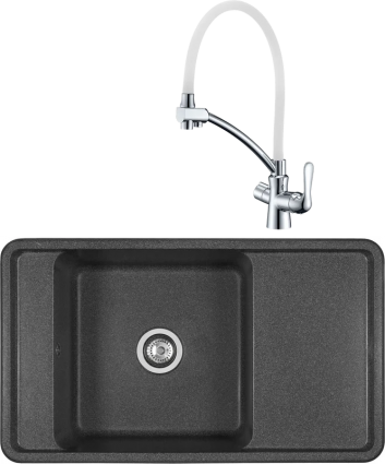 Комплект Мойка кухонная Акватон Беллис 87 графит + Смеситель Lemark Comfort LM3070C-White с гибким изливом, хром, белый