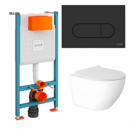 Комплект 3 в 1 инсталляция VitrA V-Fix Core 732-5800-01 + Унитаз подвесной Enio Indigo EN2870533 с кнопкой черной Root Round