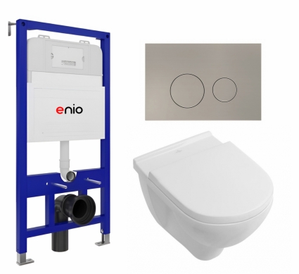Комплект 3 в 1 инсталляция Enio Tecnico 52 EN8050052 + Унитаз подвесной Villeroy & Boch O Novo + кнопка матовая нержавеющая сталь Rotondo