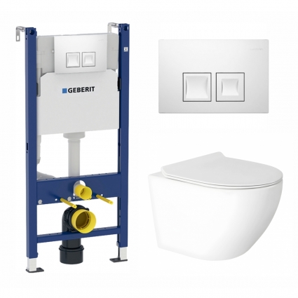 Комплект 3 в 1 инсталляция Geberit Duofix + Подвесной унитаз Enio Indigo с кнопкой Delta 50 белой