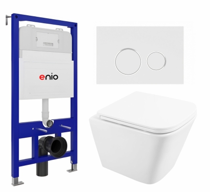 Комплект 3 в 1 инсталляция Enio Tecnico 52 EN8050052 + Унитаз подвесной BelBagno Due BB3103CHR/SC + кнопка белая, окантовка хром Rotondo
