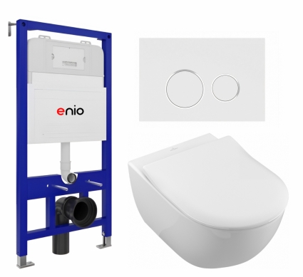 Комплект 3 в 1 инсталляция Enio Tecnico 52 EN8050052 + Унитаз подвесной Villeroy & Boch Subway 2.0 5614R201 + кнопка белая, окантовка хром Rotondo