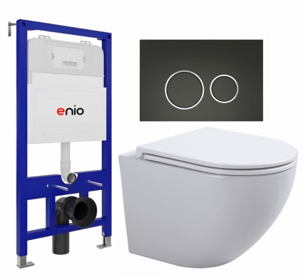 Комплект 3 в 1 инсталляция Enio Tecnico 52 EN8050052 + Подвесной унитаз SinteSi EVI  + кнопка черная матовая, окантовка хром Rotondo