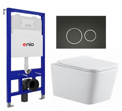 Комплект 3 в 1 инсталляция Enio Tecnico 52 EN8050052 + Подвесной унитаз SinteSi BALTI + кнопка черная матовая, окантовка хром Rotondo