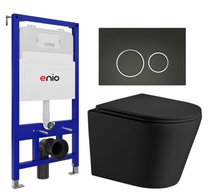 Комплект 3 в 1 инсталляция Enio Tecnico 52 EN8050052 + Подвесной унитаз WeltWasser Salzbach 043 MT-BL + кнопка черная матовая, окантовка хром Rotondo
