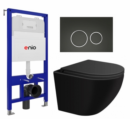 Комплект 3 в 1 инсталляция Enio Tecnico 52 EN8050052 + Подвесной унитаз SinteSi EVI + кнопка черная матовая, окантовка хром Rotondo