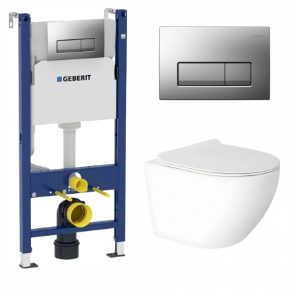 Комплект 3 в 1 инсталляция Geberit Duofix + Подвесной унитаз Enio Indigo с кнопкой Delta 51 хром матовой