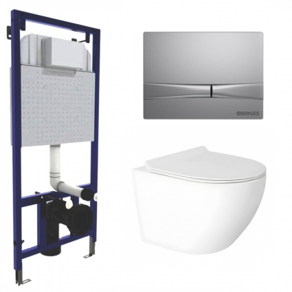 Комплект 3 в 1 инсталляция Berges Wasserhaus Novum 040252 + Подвесной унитаз Enio Indigo с кнопкой матовой хром