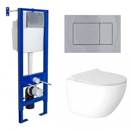 Комплект 3 в 1 инсталляция Berges Wasserhaus Atom 410 + Подвесной унитаз Enio Indigo с кнопкой хром