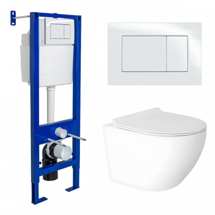 Комплект 3 в 1 инсталляция Berges Wasserhaus Atom 410 + Подвесной унитаз Enio Indigo с кнопкой белой