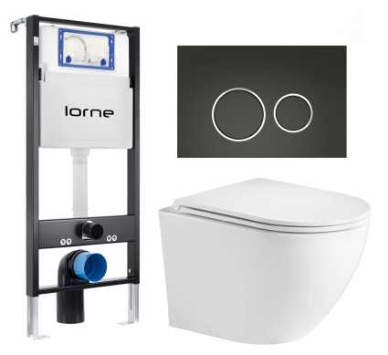Комплект 3 в 1 инсталляция Lorne Profi LN7002500 + Унитаз подвесной Weltwasser WW Merzbach 043GL-WT + кнопка черная матовая, окантовка хром Ronde