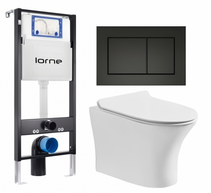 Комплект 3 в 1 инсталляция Lorne Profi LN7002500 + Подвесной безободковый унитаз CeruttiSpa Bernina aria CT7191 + кнопка черная матовая Carre