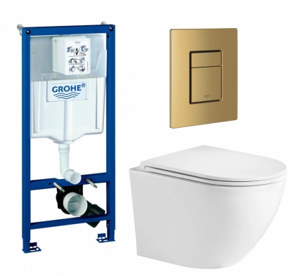 Комплект 3 в 1 инсталляция Grohe Rapid SL + Унитаз подвесной Weltwasser WW Merzbach 043GL-WT + кнопка золото, холодный рассвет матовый