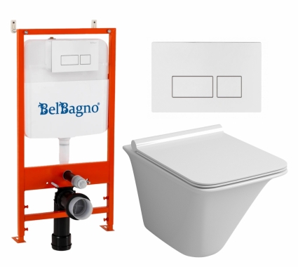 Комплект 3 в 1 инсталляция BelBagno BB026/BB042BL +  Унитаз подвесной Grossman GR-4413S + кнопка белая глянцевая