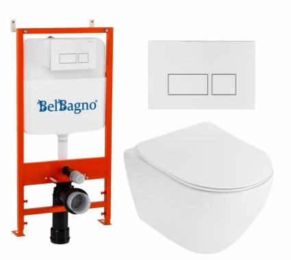 Комплект 3 в 1 инсталляция BelBagno BB026/BB042BL + Унитаз подвесной Cezares Stylus CZR-513-TH-R + кнопка белая глянцевая