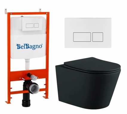 Комплект 3 в 1 инсталляция BelBagno BB026/BB042BL + Унитаз подвесной AQUATEK Вега AQ1905-MB + кнопка белая глянцевая