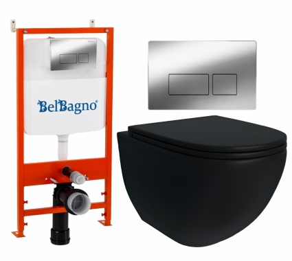 Комплект 3 в 1 инсталляция BelBagno BB026/BB041CR + Унитаз подвесной Enio Unico BL EN4105055 + кнопка хром глянцевая