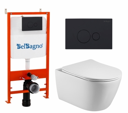 Комплект 3 в 1 инсталляция BelBagno BB026/BB084NERO + Унитаз подвесной Акватек Вега AQ1905-00 + кнопка черная матовая 