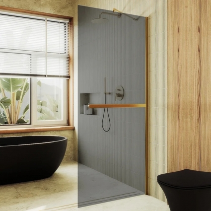 Душевая перегородка Maybahglass MGD-735-3ш, 89 см, профиль золото, стекло графит