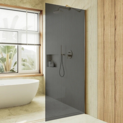 Душевая перегородка Maybahglass MGD-705-3ш, 69 см, профиль золото, стекло графит