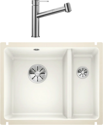 Комплект Мойка Blanco Subline 350/150-U глянцевая белая, с отводной арматурой InFino + Смеситель Ambis-S 523119