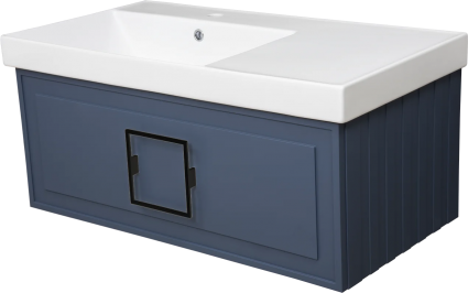 Тумба с раковиной La Fenice Cubo 90 L, синяя, ручка черная