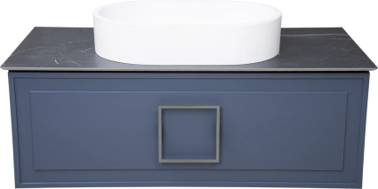 Тумба с раковиной La Fenice Cubo 100, подвесная, blu grigio, ручка хром, столешница черный мрамор, раковина белая матовая