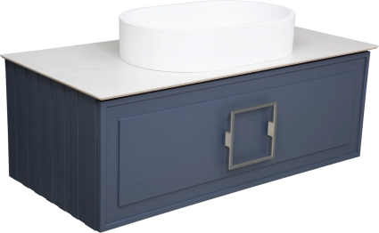 Тумба с раковиной La Fenice Cubo 100, подвесная, blu grigio, ручка хром, столешница белый мрамор, раковина матовая белая