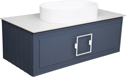 Тумба с раковиной La Fenice Cubo 100, подвесная, blu grigio, ручка белая, столешница белый мрамор, раковина матовая белая