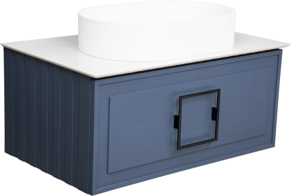 Тумба с раковиной La Fenice Cubo 80, подвесная, blu grigio, ручка черная, столешница белый мрамор, раковина матовая белая