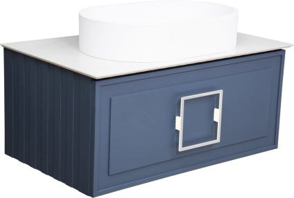 Тумба с раковиной La Fenice Cubo 80, подвесная, blu grigio, ручка белая, столешница белый мрамор, раковина матовая белая