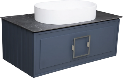 Тумба с раковиной La Fenice Cubo 90, подвесная, blu grigio, ручка хром, столешница черный мрамор, раковина белая матовая
