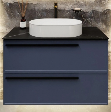Тумба под раковину со столешницей La Fenice Elba Twin Blu Grigio 100 подвесная, cappuccino, синяя матовая, столешница черный мрамор