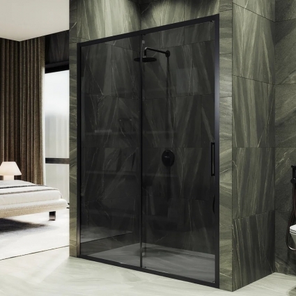 Душевая дверь в нишу Maybahglass MGD-1285-6, 150 см, профиль матовый черный, стекло графит