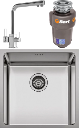 Комплект Мойка Seaman Eco Roma SMR-4444A.A + Смеситель MEGA Life MG-TK06 хром + Измельчитель Bort Titan 5000 Control
