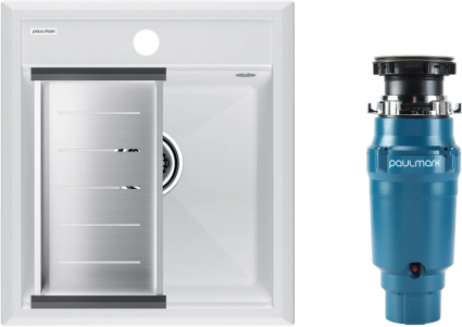 Комплект Мойка Paulmark Stepia PM114651-WH+A375-BS с коландером, белая + Измельчитель Intenso I-400