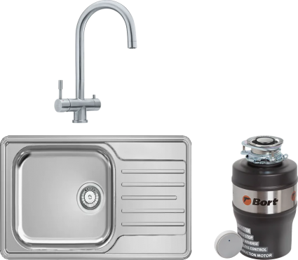 Комплект Мойка Franke LNX 611-44 нержавеющая сталь + Смеситель Eos Clear Water нержавеющая сталь + Измельчитель Bort Alligator Mega