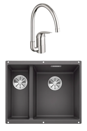Комплект Мойка Blanco Subline 340/160-U темная скала, правая + Смеситель Grohe Euroeco 32752000