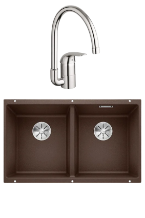 Комплект Мойка Blanco Subline 350/350-U кофе + Смеситель Grohe Euroeco 32752000