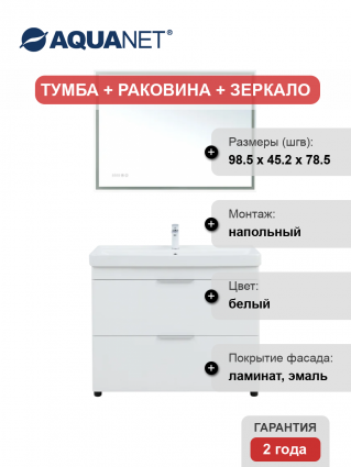 Мебель для ванной комнаты Aquanet Ирис new 100 напольная, 2 ящика